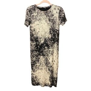 Zara Ribbed Black White Shift Dress Abstract Smudge midi Dress Medium